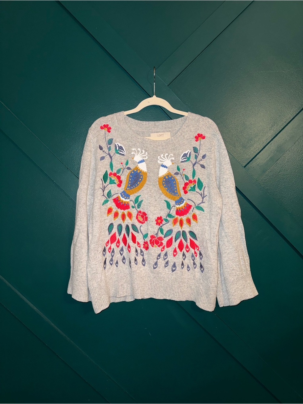 Loft Embroidered Floral Bird Peacock Art deco Sweater Wool Blend Bell Sleeves - Picture 2 of 9